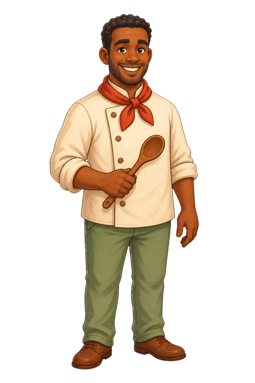 Chef Robert in chef's whites and a red kerchief, holding a wooden spoon