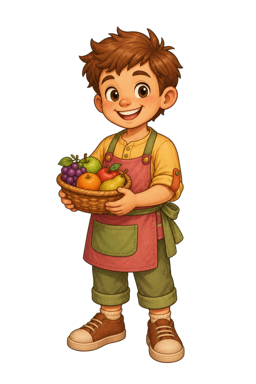 Landon, a young boy in an apron holding a fruit basket