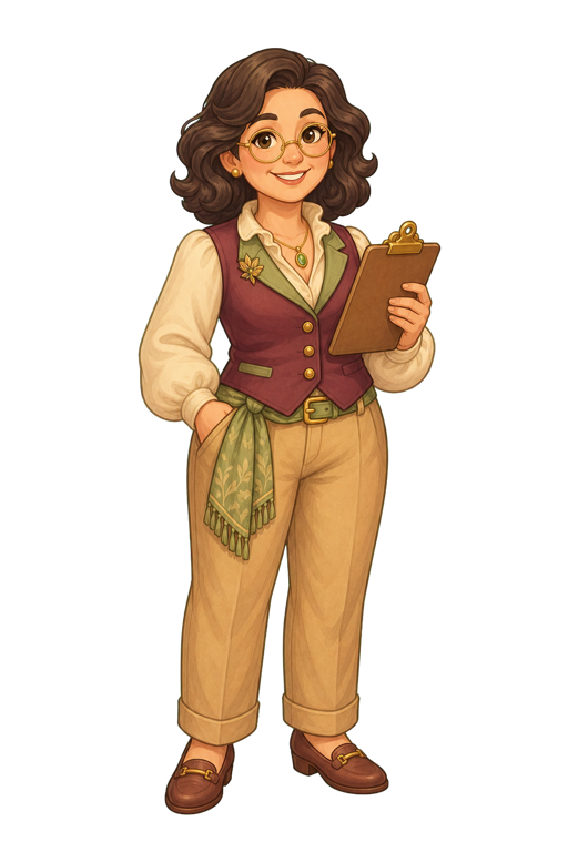 Mayor Diana in a plum vest and tan trousers, holding a clipboard