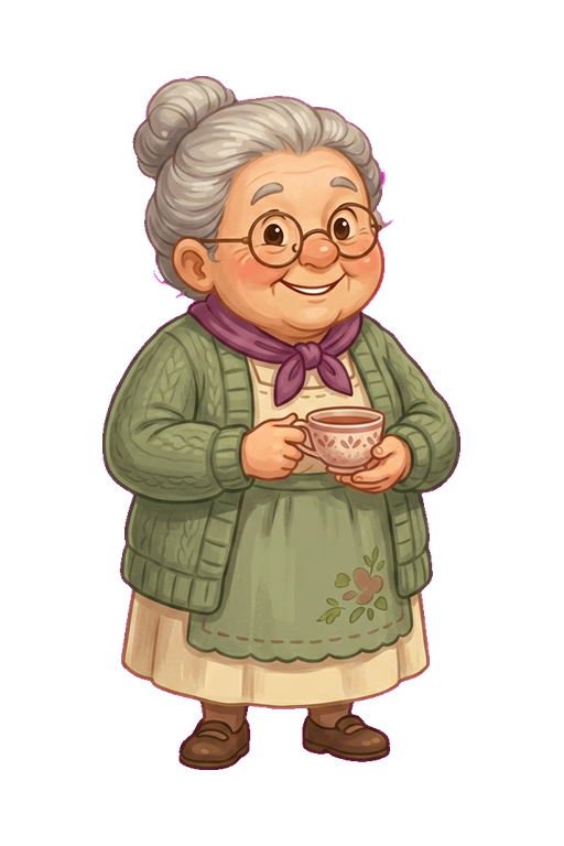 Nana Jean in a sage cardigan, holding a teacup