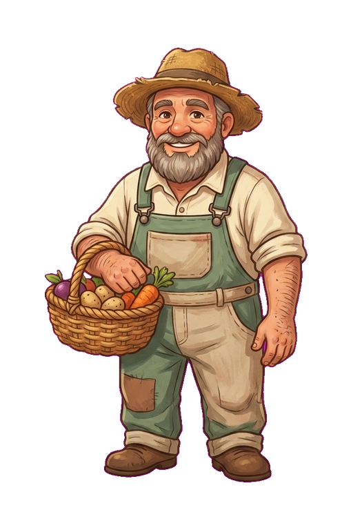 Papa Zulch in overalls and a straw hat, holding a vegetable basket