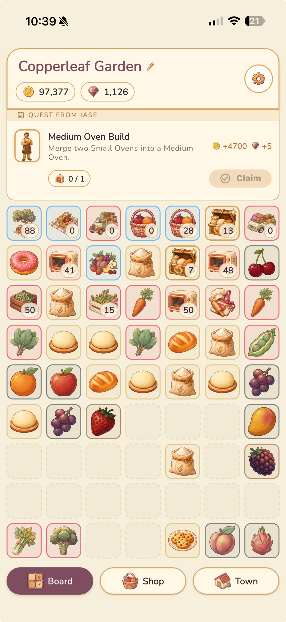 The FoodyMerge board on day 31. A 7-column grid half full of items: apple and pear trees, fruit baskets, a quest from Jase to build a Medium Oven, 97,377 coins and 1,126 gems in the wallet, a strawberry and a dragon fruit in the lower rows, three empty dashed tiles.